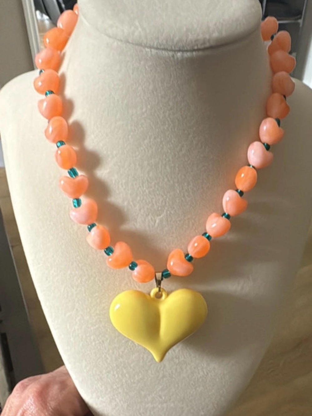Yellow Heart Pendant Necklace with Peach Bead Strand